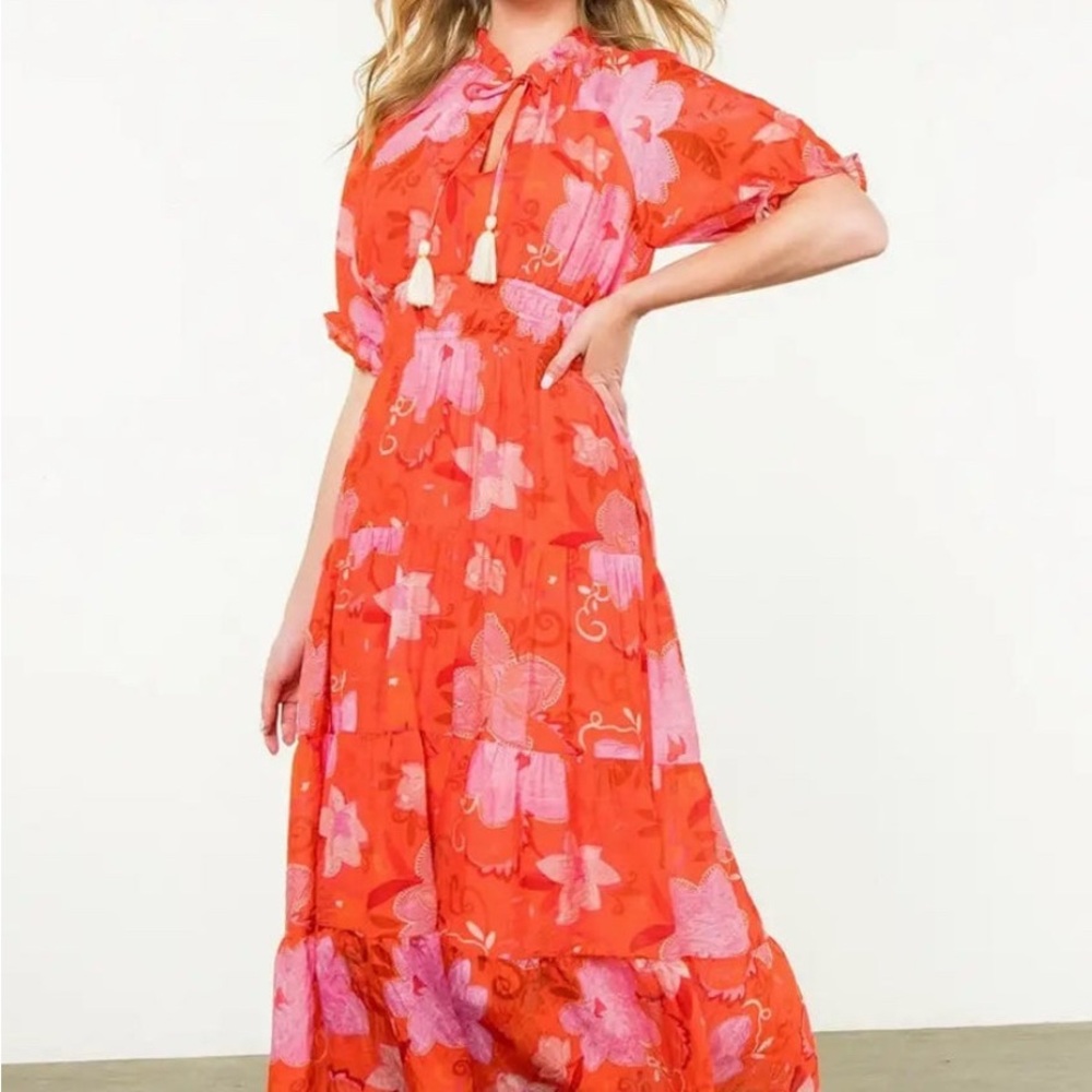 THML Orange Tiered Sundress with Collar and Short Sleeves